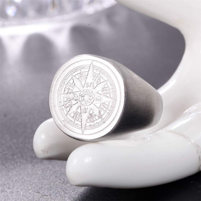 PAURO Men's Ring Stainless Steel Retro Round Compass Signet, Stainless