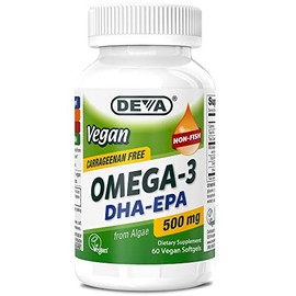 Deva Vegano Omega-3 DHA EPA Suplemento – Una vez por día Softgel 500 mg – Libre de carragenano – Sin gelatina – Sin pescado – Aceite de algas omega-3 ácidos grasos – 60 cápsulas blandas