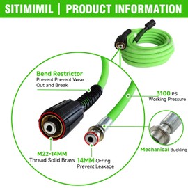 1/4 Pressure Washer Hose 25 FT, 3100 PSI Kink Resistant Super Flexible Power Washer Hose for Pressure Washer, Universal Extension Hoses Replacement for Gas & Electric, Compatible with M22 14mm