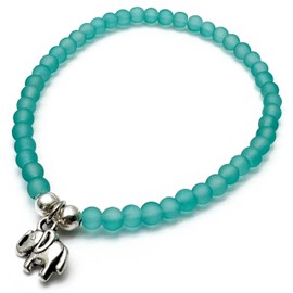 Sea Green Frosted Glass Bead Bracelet with Silver Plated Elephant Charm on Elastic : Medium 7.5 inches