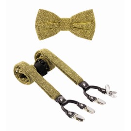 TIE G Men's Glitter Velvet Suspender + Bow Tie Set for Wedding, Party : Glittering Effects, Adjustable Braces, Strong 6 Clips (Twinkle Gold)