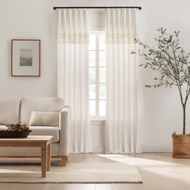 Mercantile Lucinda Light Filtering Window Curtain with Attached Knotted Fringe Valance (1 Panel), 50 in x 108 in, Off White