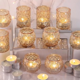 DARJEN 12Pcs Gold Votive Candle Holders with 12Pcs Tea Lights Candles- Glass Candle Holder for Table Centerpiece, Tea Lights Candle Holders for Wedding Shower, Home & Party Decor
