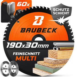 BAUBECK Saw Blade 190 x 30 with 20 mm/16 mm Reducing Rings - Multi Material Fine Cut - Circular Saw Blade 190 x 30 mm for Wood, Aluminium, Metal and Much More - Saw Blade 190 x 20 and Saw Blade 190 x
