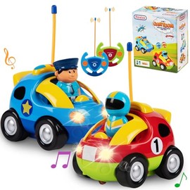 Paquete Prextex de 2 coches a radio control de dibujos animados de policía y de carreras. Juguetes a radio control para niños, cada uno con diferentes frecuencias de modo que ambos pueden competir juntos