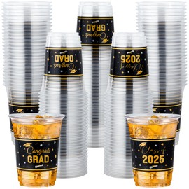 50 PCS Graduation Plastic Cups Class of 2025 Graduation Party Cup 16 oz Congrats Grad Disposable Clear Cups Black and Gold Plastic Drinking Cup for Graduation Grad Festivities Party Supplies