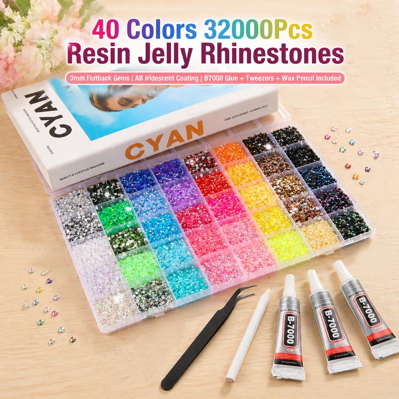 40 Colors Jelly Rhinestones Kit, 3 mm Flatback Resin Jelly