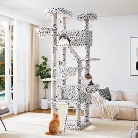 Allewie 81 Inches Tall Cat Tree/Multi-Level Large Climbing Tree House and Towers for Big Feline/Condo and Hammock/Scratching Post/Wide Base/White & Black Spot