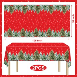 2 Pack Christmas Plastic Tablecloths 54 X 108inch Xmas Tree Snowflakes Disposable Table Cover Red Rectangle Tablecloth Decorations for Home Christmas Holiday Party Supplies