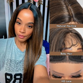 ToyoTress Natural Black Synthetic Lace Front Wig - 26 Inch 13x4x1 Tangle-free Synthetic Lace Frontal Wigs Pre-Plucked Long Straight Glueless HD Lace Wigs For Women (26 Inch, P1B/27/30-Mid-Part)