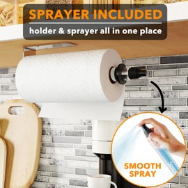SpaceAid SprayNeat Paper Towel Holder with Spray Bottle, Under Cabinet Paper Towels Holders with Sprayer Inside Center, Hanging Wall Mount Papertowels Roller for Kitchen (Black Spray, Silver)