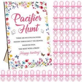 Thyle 51 Pcs Wildflower Pacifier Hunt Baby Shower Games Include Baby Pacifier Hunt Sign and 50 Acrylic Baby Pacifiers Delicate Baby Pacifiers for Baby Shower Game Gift Sets Gender Reveal