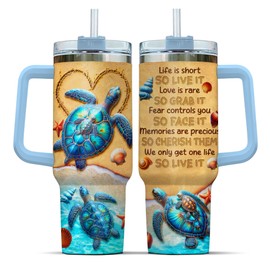 99WHALE Tumbler 40 Oz With Handle Lid And Straw, Summer Myrtle Navy Beach For Tumblers Royal Women Insulated Blue Handle, Sea Turtle Seashells Inspiration, Sea Turtle Gifts