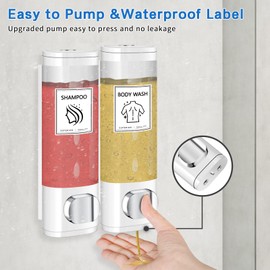 Volufia Shampoo and Conditioner Dispenser, Shower Dispenser 2 Chamber No Drill, Shower Soap Dispenser, Body Wash Dispenser Wall Mounted for Bathroom Hotel 2x300ML, White