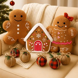 Oudain 3 Pcs Christmas Gingerbread Series House Pillows Plush Faux Rabbit Fur Roof Embroidered Teddy Sherpa Xmas Gingerbread Throw Home Pillow for Christmas Party Couch Living Bedroom