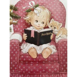 Vtg Christmas Card UNUSED Morehead Ruthies Joy Girl Cat Chair Tree W/Envelope