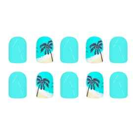 Summer Press on Nails Short Square Fake Nails Plam Tree False Nails Beach Glossy Full Cover Blue Acrylic Glue on Nails Reusable Cute Artificial Stick on Nails for Women Manicure 24 Pcs