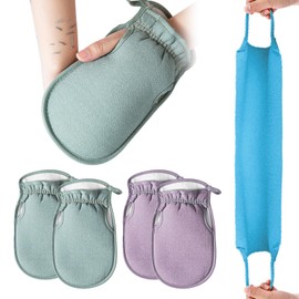Exfoliating Gloves Pack of 4 Exfoliating Gloves, Body Exfoliating Gloves, Comes with 1 Piece Long Elastic Back Massager, with Thumb Hole, Can Be Hung, Unisex (Sakura Pink + Olive Green)