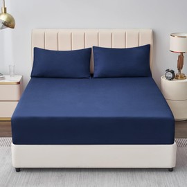 Aisbo King Size Fitted Sheet Navy Blue - Extra Deep Pocket Bed Sheet 16 inch 40 cm - Microfiber Bottom Sheet, 150x200cm