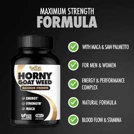Horny Goat Weed 1275 mg MAX STRENGTH w/Maca (2 Month Supply) - Energy & Performance Complex for Men and Women | 120 Vegan Capsules