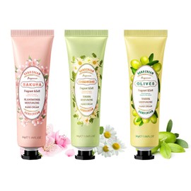 Chamomile, Cherry Blossom and Olive Hand Cream, Hand Moisturising Cream for Rough, Stressed Skin, Gentle Care Cream for Dry Hands, Birthday Gift, Christmas Gifts for Women, Men, Mum, Grandma, 3 Pieces