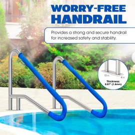Idzo Pool Rail 55x32 Pool Railing 304 Stainless Steel 250LBS Load Capacity Silver Rustproof Pool Handrail Humanized Swimming Pool Handrail with Blue Grip Cover & M8 Drill Bit & Self-Taping Screws