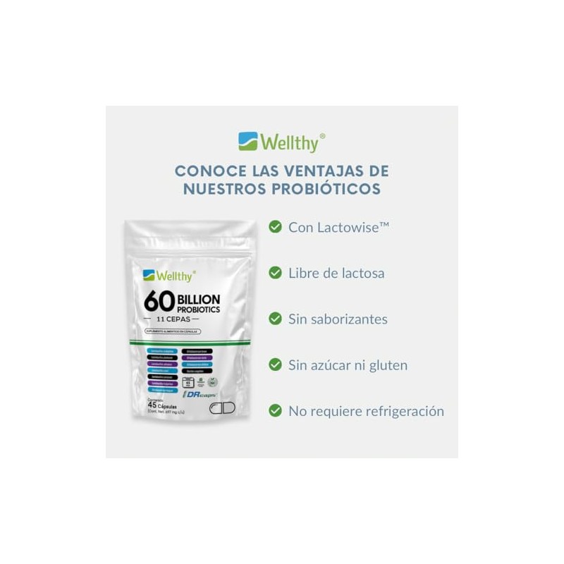 Wellthy Probioticos 60 Billones 11 Cepas. 45 Cápsulas Mes y