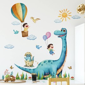 WOHAHA Wall Sticker, Stylish, Animals, Hand Drawn, Large Dinosaurs, Children in Hot Air Balloons, Dinosaurs, Birth, Wallpaper, Sun, Clouds, Birds, Butterflies, Wall Decoration, Removable Wallpaper,