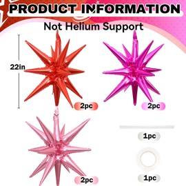 HILAVO HILAVO 6PCS Star Balloons, 22Inch Huge Hot Pink Red Pink Explosion Star Balloon Foil Spike Cone Balloons for Girls Women Birthday Bridal Shower Valentine's Day Party Decorations