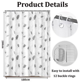 Shower Curtain, Mould Proof Resistant and Waterproof Washable Polyester Fabric with 12 Hooks, Quick Dry, Shower Curtain for Bathroom, Wet Rooms, Shower, Bath (Foliage, 180x200cm)