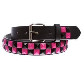 Kids Snap On Punk Rock Black & Hot Pink Star Studded Checkerboard Leather Belt, black/hot pink | m-28"