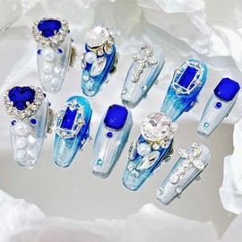 Press on Nails Fake Nails Handmade Luxury Acrylic Material Medium Coffin Reusable Goth Nail Kit with Nail Glue for Women and Girls 10pcs (Blue Gem-S, One Size)