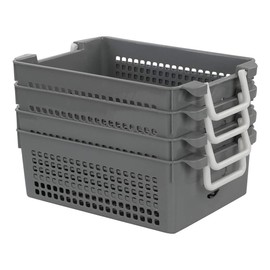 Jandson Plastic Stacking Baskets with Handle, Grey Storage Basket, 4 Packs