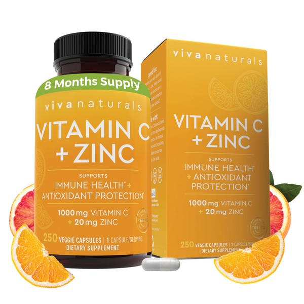 Viva Naturals Vitamin C and Zinc Supplement (250 Capsules) - 1000 mg Vitamin C with Zinc 20 mg Antioxidant Supplements for Immune Support, Plant Based Zinc and Vitamin C Supplement for Adults