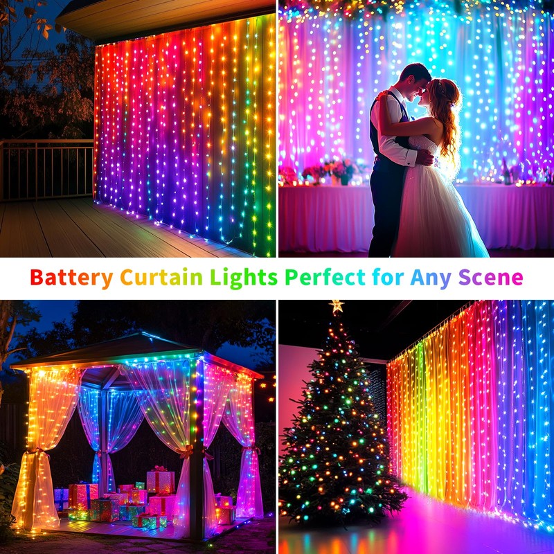 Curtain Lights Battery Operated 10x10Ft 300LED Waterproof Waterfall Light with