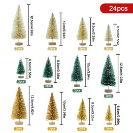 WAIZHIUA 24Pcs Miniature Christmas Tree, 3 Color Mini Artificial Snow Frost Trees Green Sisal Trees, Plastic Winter Ornaments Tabletop Model Trees for Christmas DIY Craft Party Decoration (4 Size)