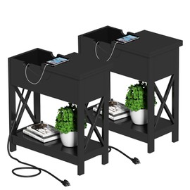 ChooChoo End Table with Charging Station, Narrow Flip Top Side Table with USB Ports & Power Outlets for Small Spaces, Nightstand Sofa Table for Living Room, Bedroom, Black, 2 Pack