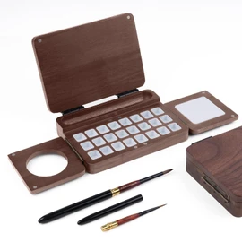 Fuumuui Travel Watercolor Palette 24 Grids Foldable with 2pcs Sable Travel Watercolor Brushes, Portable Walnut Wood Palette Box for Plein Air Painting