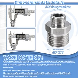 1/2 to 3/8 RV Faucet Adapter, 304 Stainless Steel 3/8 Male to 1/2 Male Compression Reducer Fittings, Water Line Supply Adapter for RV Kitchen, Water Hose Pipe Connector with Rubber Washer(2 Pack)