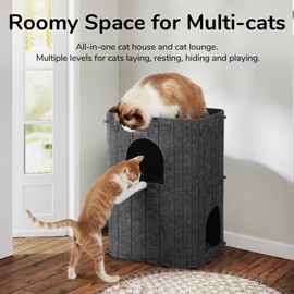 FUKUMARU Cat House for Indoor Cats, 2-Storey Large Cat Bed Cave, Cozy Felt Covered Cats Tunnel Condo Hideaway for Multicats, 17.72x14.37x23.62 inches, Dark Grey