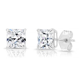 14k White Gold Princess-Cut Square Cubic Zirconia CZ Stud Earrings with Gold Butterfly Pushbacks (5mm)……