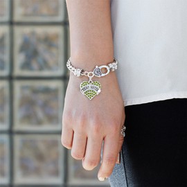 Inspired Silver - Army Sister - Silver Braided Bracelet for Women - Green Pave Heart Charm Bracelet Jewelry Gift with Cubic Zirconia - Women's Charm Bracelet with Lobster Claw Clasp