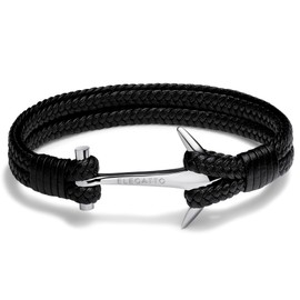 Elegatto Anchor Leather Duo Premium Double Braided Leather Bracelet for Men | Full-Grain Leather with Sterling Silver Polished Stainless Steel Anchor Clasp | Men’s Designer Bracelets | Large