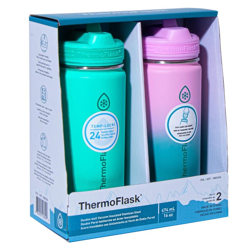 ThermoFlask Stainless Steel Kids Water Bottles, 474mL, 2 Count (Green/Pink)