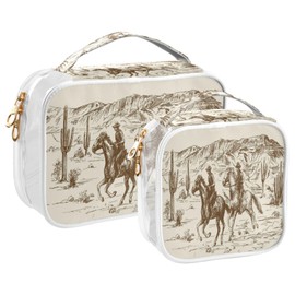 ZOEO 2 Pack Clear Makeup Bag, Western Desert Cow Mexican Horse Car Pouches For Organization Waterproof Travel Toiletry Bags For Women Girl