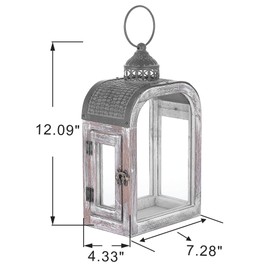 11" High Farmhouse Decorative Lanterns Set, Glass and Metal, Distressed White Wood Finish, Vintage Metal Top, Indoor Outdoor Candle Holders (Rustic White, 7"X4")