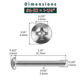 #6-32 x 1-1/4" Stainless Pan Head Machine Screws 100 Pcs, 18-8 (304) Stainless Steel Phillips Drive Pan Head, Full Thread, Bright Finish, No Coating, Fayeploo (with Double End Screwdriver Bit)