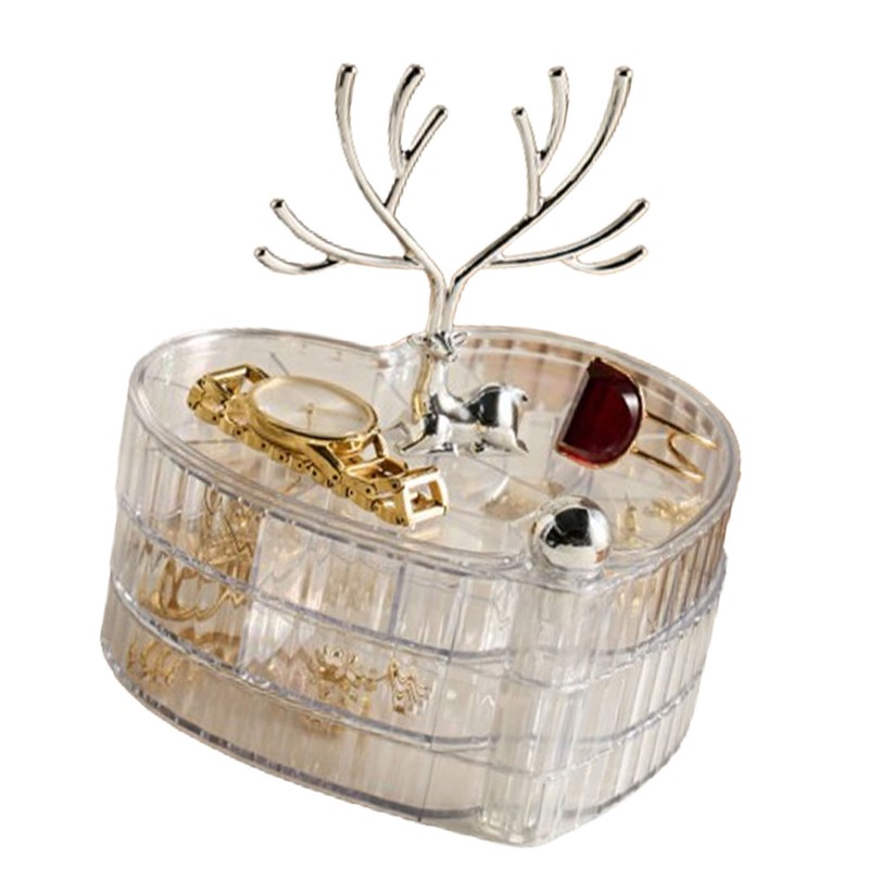 Rotating Jewelry Box with Lid Deer Antler Decoration 3 Layer