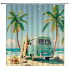 HYKHYK Tour Bus Shower Curtain Palm Tree Tropical Ocean Beach Surfboard RV Camping Sea Hawaii Coastal Bathroom Curtain Set with Hooks(70" WX70 H)