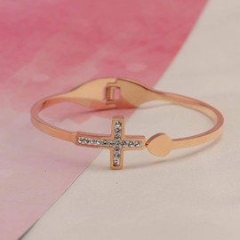 MYOSPARK Dainty Rose Gold Sideway Cross Bangle Bracelet Religious Jewelry First Communion Baptism Gift For Christian (Cross Bangle)